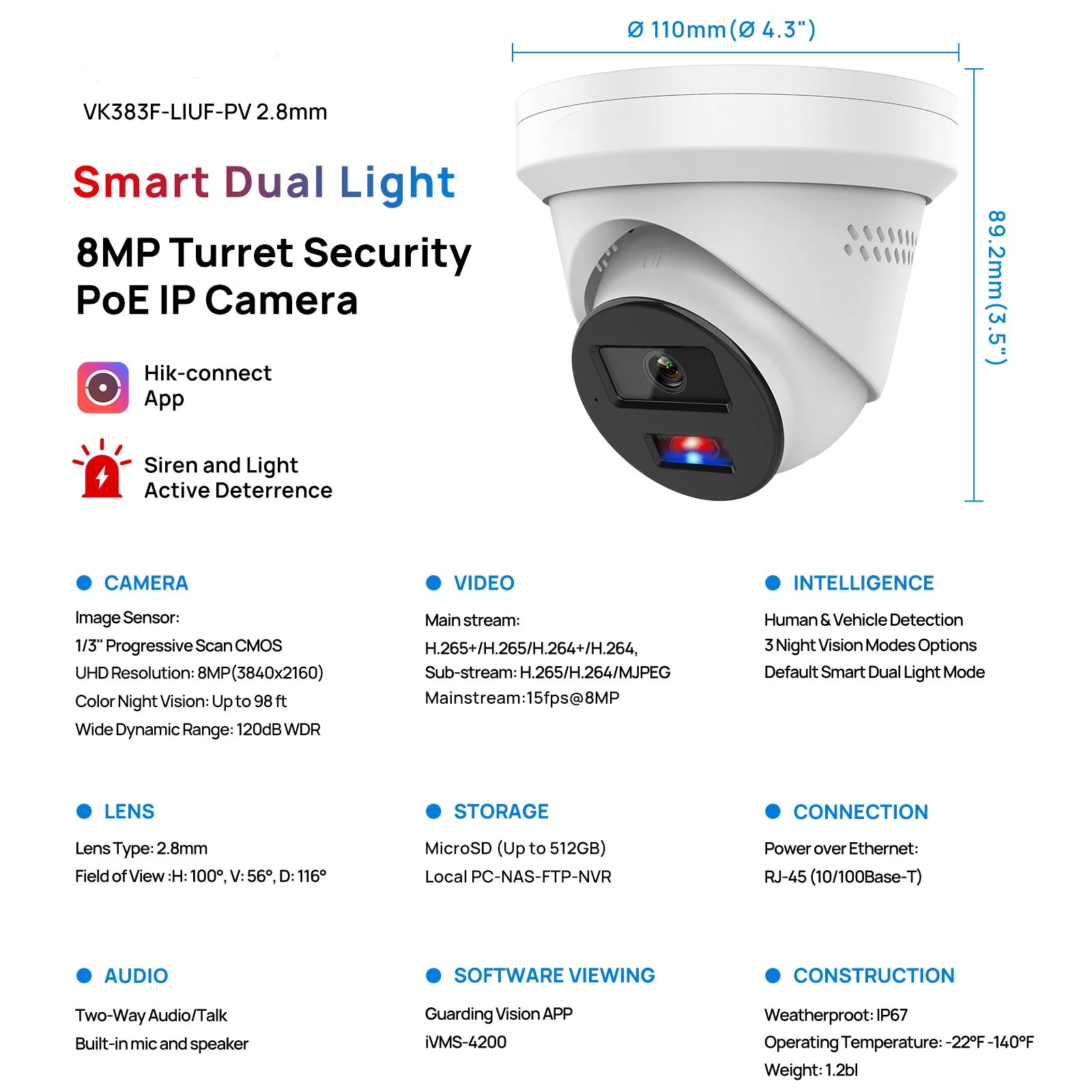 Hikvision Compatible 8MP IP Camera, Home Outdoor Security Video