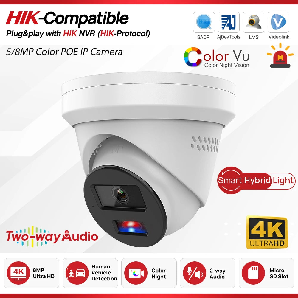 Hikvision Compatible 8MP IP Camera, Home Outdoor Security Video