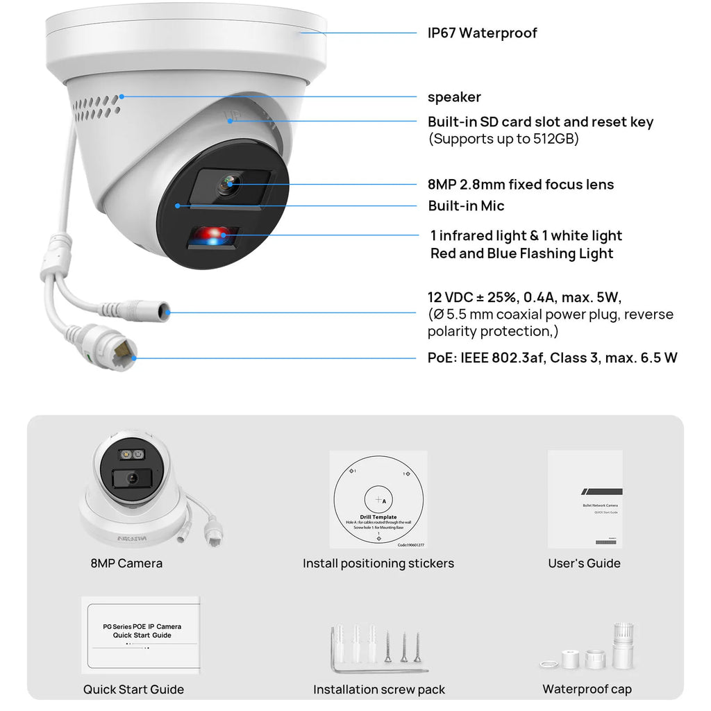 Hikvision Compatible 8MP IP Camera, Home Outdoor Security Video